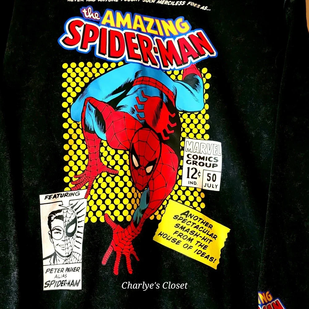 Marvel Spider-Man Black Acid Wash Comic Graphic Sweatshirt‎ M Superhero Grunge